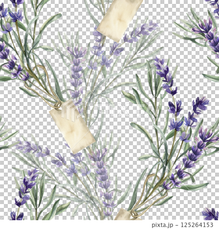 Lavender bouquet with vintage tag watercolor seamless pattern. Hand drawn violet field flowers elegant background, floral clipart with herbs for textile,fabric,scrapboocking design Lavender bouquet with vintage tag watercolor seamless pattern. Hand drawn violet field flowers elegant background, floral clipart with herbs for textile,fabric,scrapboocking design 125264153