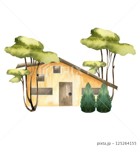 Pastel yellow house with brown roof and door, surrounded with green trees and thuja watercolor illustration. Hand drawn countryside landscape with European cottage, summer village clipart for design 125264155