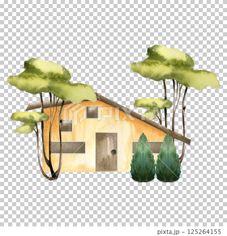 Pastel yellow house with brown roof and door, surrounded with green trees and thuja watercolor illustration. Hand drawn countryside landscape with European cottage, summer village clipart for design 125264155
