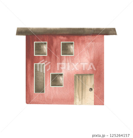 Cozy small red house with brown roof and door watercolor illustration. Hand drawn isolated building clipart,northern cottage painting for card,posterm label ,logo design Cozy small red house with brown roof and door watercolor illustration. Hand drawn isolated building clipart,northern cottage painting for card,posterm label ,logo design 125264157