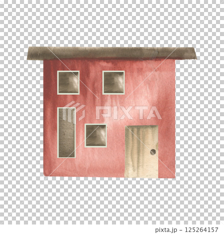 Cozy small red house with brown roof and door watercolor illustration. Hand drawn isolated building clipart,northern cottage painting for card,posterm label ,logo design Cozy small red house with brown roof and door watercolor illustration. Hand drawn isolated building clipart,northern cottage painting for card,posterm label ,logo design 125264157