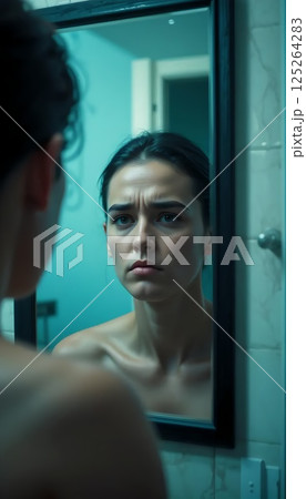 Pensive Woman Gazing at Her Reflection in a Bathroom Mirror 125264283