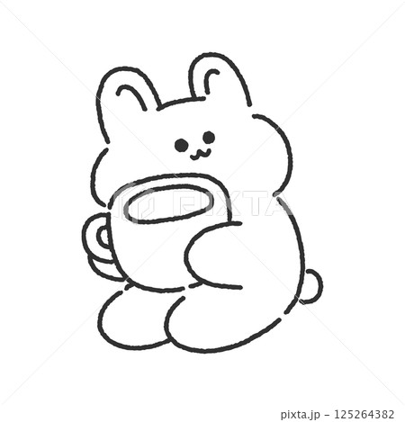 コーヒーを持ったウサギ　線画 125264382