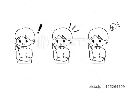 ひらめきキッズ　男の子白黒線画上半身 125264399