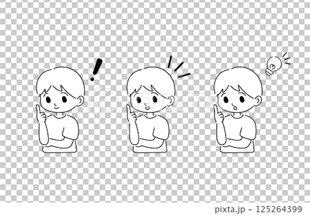 ひらめきキッズ　男の子白黒線画上半身 125264399