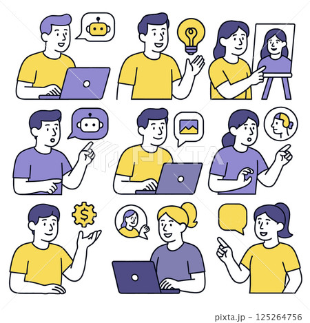 Creative individuals engage various activities, showcasing ideas, technology, and communication through illustrations. vibrant colors and diverse expressions highlight collaboration and innovation 125264756