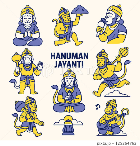 Hanuman Jayanti celebration features various illustrations of Hanuman, showcasing his diverse forms and activities. vibrant colors and playful designs evoke sense of joy and reverence Hanuman Jayanti celebration features various illustrations of Hanuman, showcasing his diverse forms and activities. vibrant colors and playful designs evoke sense of joy and reverence 125264762