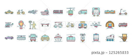 Diverse Collection of Public Transportation Icons Including Bikes, Cars, Buses, Trains, and Other Urban Mobility Vehicles 125265833