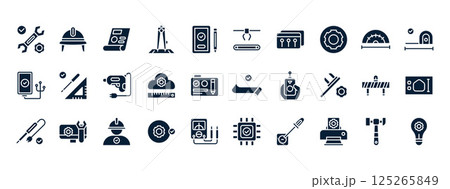 Collection of Engineering Icons Depicting Tools, Technology, and Design Elements in a Simple Modern Style with a Dark Background Collection of Engineering Icons Depicting Tools, Technology, and Design Elements in a Simple Modern Style with a Dark Background 125265849