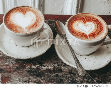 Ai generated two cappuccino cups with latte art heart shape on rustic wooden table 125266226