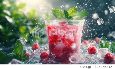 AI generated Refreshing raspberry juice with ice cubes and mint leaves splashing 125266232