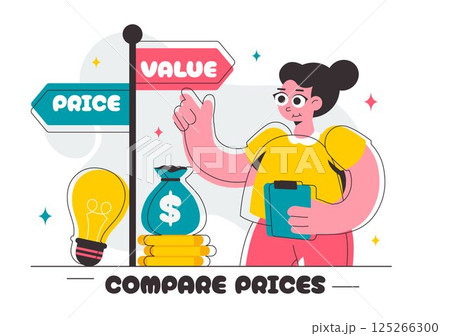 Illustration of Comparing Prices and Inflation in the Economy, featuring a Balance Scale with Goods and Price Tags to Represent Economic Value Changes Illustration of Comparing Prices and Inflation in the Economy, featuring a Balance Scale with Goods and Price Tags to Represent Economic Value Changes 125266300