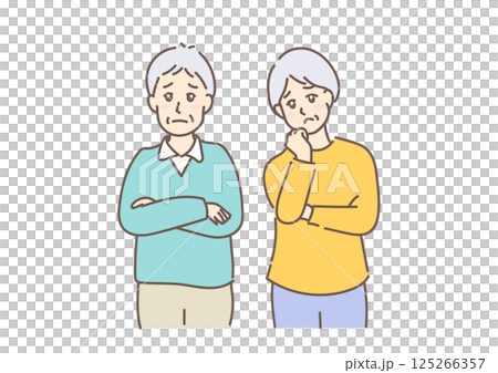 A senior couple with troubled expressions and folded arms, drawn in gentle colors A senior couple with troubled expressions and folded arms, drawn in gentle colors 125266357