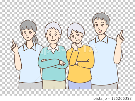 A senior couple with troubled expressions and arms folded, and a man and woman giving advice, drawn in gentle colors A senior couple with troubled expressions and arms folded, and a man and woman giving advice, drawn in gentle colors 125266358
