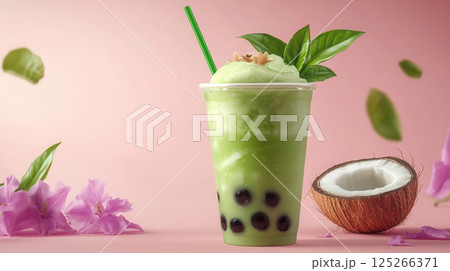Ai generated refreshing coconut bubble tea with falling leaves and pink flowers on pastel background 125266371