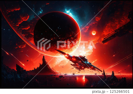 Ai generated spaceships approaching red planet during cosmic war 125266501