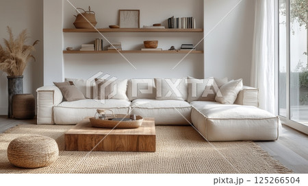 AI generated Modern bright living room with large comfortable sofa and wooden furniture 125266504