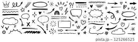 Line hand drawn brush marker arrow, heart shape element set. Hand drawn sketch marker underline shape, arrow, star marker brush pen stroke icon heart element. Vector 125266525