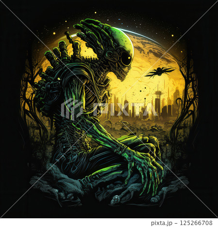 Ai generated Alien observing destroyed city on a distant planet 125266708