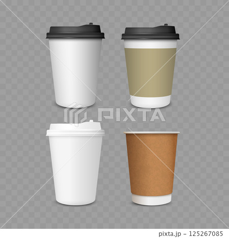 Four Disposable Coffee Cups Set Mockup with Different Color Designs - Vector Four Disposable Coffee Cups Set Mockup with Different Color Designs - Vector 125267085