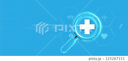 Digital Medical Search Interface with Healthcare Icons and Magnifying Glass Digital Medical Search Interface with Healthcare Icons and Magnifying Glass 125267151