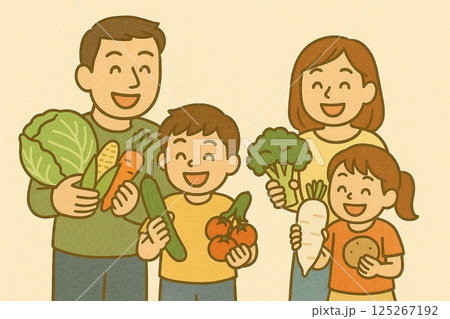 笑顔で収穫した野菜を持つ家族のイラスト 125267192