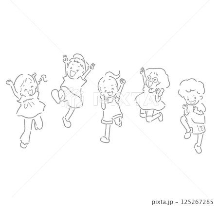 楽しそうにジャンプして喜ぶ子供たちの線画イラスト 125267285