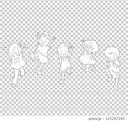 楽しそうにジャンプして喜ぶ子供たちの線画イラスト 125267285