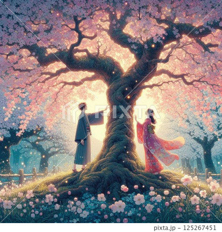 夜桜を見上げる女性と男性 125267451