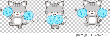 A set of mackerel tabby cats cheering with pom-poms 125267460