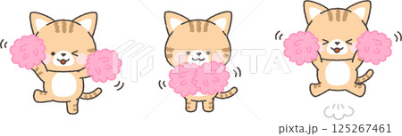 ポンポンを持って応援するサバトラネコ　セット 125267461