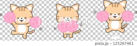 ポンポンを持って応援するサバトラネコ　セット 125267461