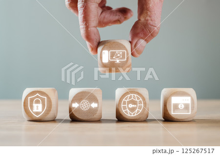 Visual representation of IPSec technology with icons symbolizing secure internet protocols and data encryption. Visual representation of IPSec technology with icons symbolizing secure internet protocols and data encryption. 125267517