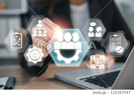 Digital interface showcasing management concepts with business icons, symbolizing modern corporate strategy and innovation. 125267547