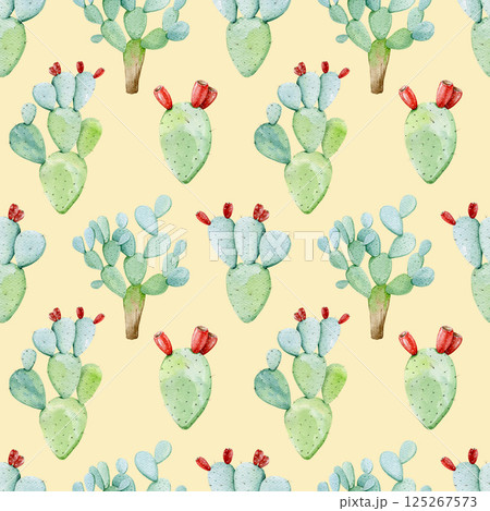 Prickly pear cactus seamless pattern hand drawn vintage style watercolor illustration. Opuntia cactus natural healthy desert succulent plant on sandy color background seamless pattern design element. 125267573
