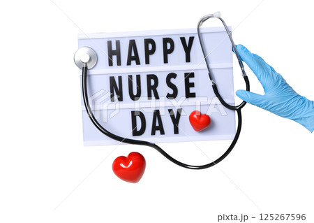 Greeting card celebrating Nurse Day with medical elements and hearts, isolated on white 125267596