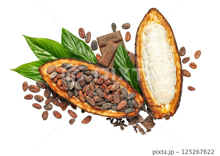 Cacao pod is split open displaying cocoa beans and white pulp alongside vibrant green leaves, isolated on white, PNG 125267622