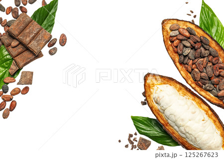 Cocoa beans and chocolate pieces arranged with fresh green leaves against a white backdrop, isolated on white, PNG 125267623