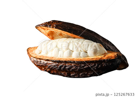 Cacao pod cut open reveals creamy pulp, ready for chocolate production and culinary use, isolated on white, PNG 125267633