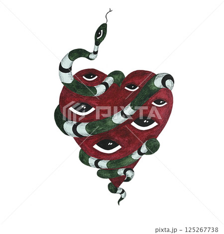 Watercolor hand-drawn red heart with all seeing eye surrounded by a green snake with black and white stripes, illustration of a magic human heart with all seeing eye and milk snake, mystical heart 125267738