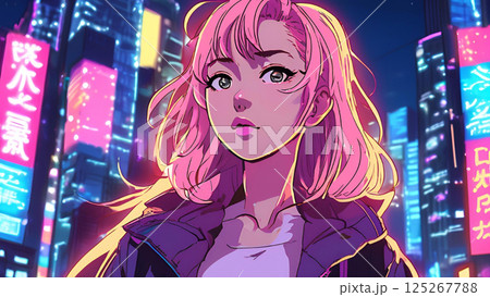 サイバーパンクなネオン街を歩くアジア系の若い女性（近未来・夜景・ネオアジア） 125267788