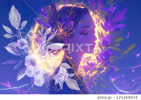 神聖な光に包まれた幻想的な花の女神の横顔ポートレートのイラスト素材 [125268024] - PIXTA