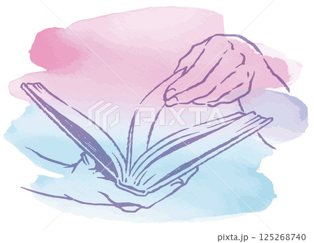 本を読んでいるシーンのイラスト。手と本。水彩風ベクターイラスト素材。 125268740