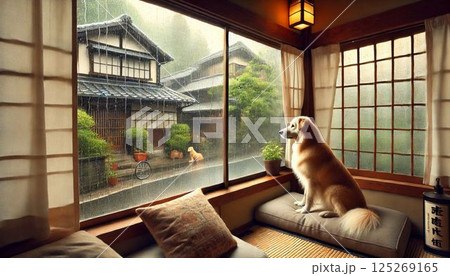窓に流れる雨粒と外を見つめる犬 125269165