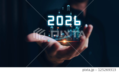 Businessman analyzing 2025 profit growth performance for the 2025-2026 financial plan. Image depicts market concepts, finance trends, revenue graphs, money, and profitability analysis for future 125269313