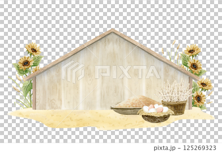 Farm wooden barn or chicken coop with eggs, wheat harvest in wicker basket and millet bird food watercolor isolated illustration. Village scene template with sunflowers for poultry yard designs 125269323