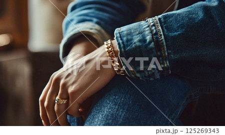 ゴールドアクセサリーとデニムの手元ファッション写真 ゴールドアクセサリーとデニムの手元ファッション写真 125269343