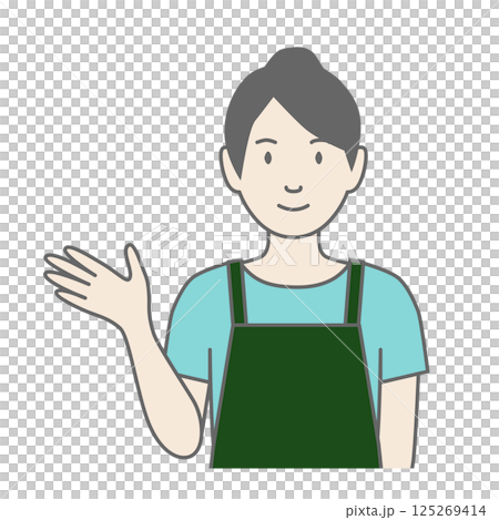 エプロンをした女性が「こちらです」と案内しているイラスト 125269414