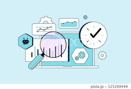 Digital marketing dashboard with real-time analytics, performance tracking, automated reports, and AI-driven insights to boost SEO strategy, conversion rates and online visibility vector illustration 125269449