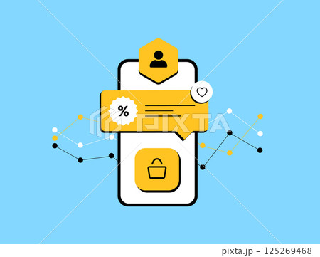 Personalized shopping deals and AI-powered product suggestions increase e-commerce sales through relevant notifications, improving user engagement and conversion. Vector illustration and icons Personalized shopping deals and AI-powered product suggestions increase e-commerce sales through relevant notifications, improving user engagement and conversion. Vector illustration and icons 125269468